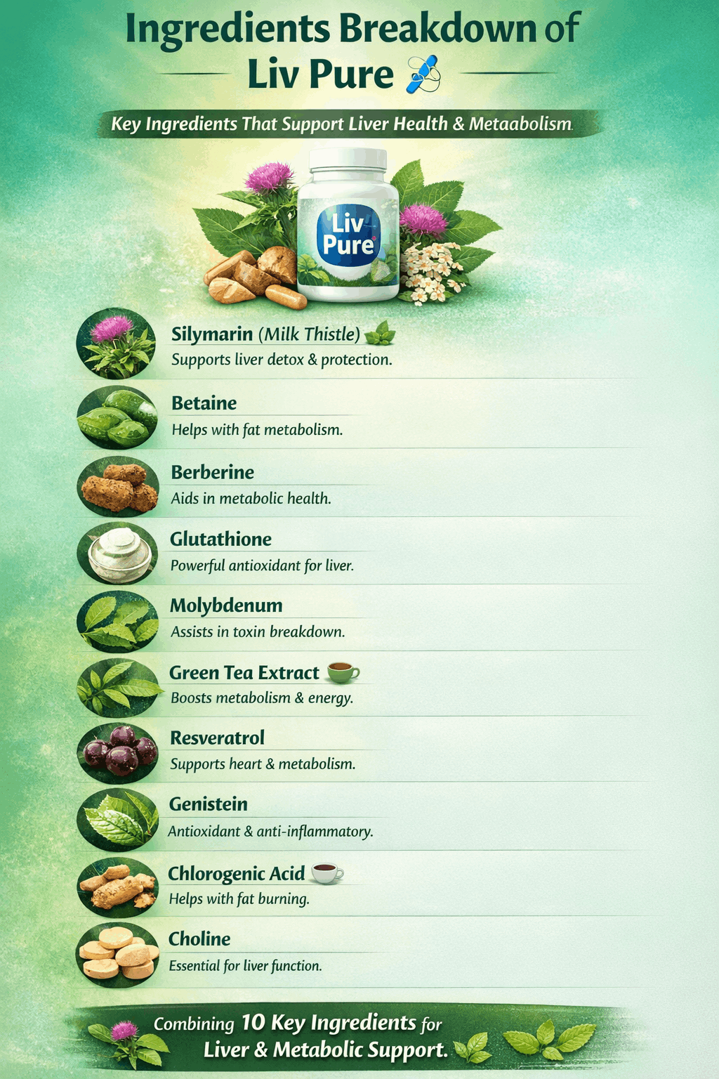 Liv Pure ingredients breakdown including milk thistle berberine resveratrol and green tea extract